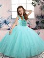 Gorgeous Aqua Blue Ball Gowns Scoop Sleeveless Tulle Floor Length Lace Up Beading Little Girl Pageant Gowns