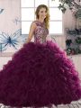 Floor Length Dark Purple Quinceanera Gown Organza Sleeveless Beading and Ruffles