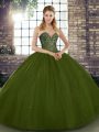 Floor Length Lace Up 15th Birthday Dress Olive Green for Military Ball and Sweet 16 and Quinceanera with Beading