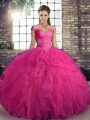 Admirable Tulle Off The Shoulder Sleeveless Lace Up Beading and Ruffles Quinceanera Gown in Hot Pink