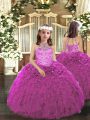 Fuchsia Tulle Lace Up Halter Top Sleeveless Floor Length Girls Pageant Dresses Beading and Ruffles