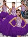 Designer Halter Top Sleeveless Sweet 16 Quinceanera Dress Floor Length Beading and Ruffles Purple Tulle