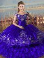 Attractive Purple Lace Up Off The Shoulder Embroidery and Ruffled Layers Sweet 16 Dress Satin and Organza Sleeveless