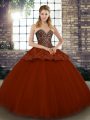 Floor Length Rust Red Quinceanera Dresses Tulle Sleeveless Beading and Appliques