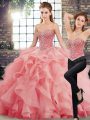 Delicate Brush Train Two Pieces Quinceanera Gown Watermelon Red Sweetheart Tulle Sleeveless Lace Up