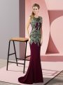 Popular Scoop Sleeveless Sweep Train Zipper Celebrity Dress Burgundy Satin