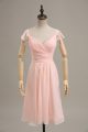 Stunning Pink Cap Sleeves Ruching Zipper Party Dresses