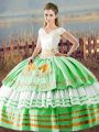 Apple Green V-neck Lace Up Embroidery and Ruffled Layers Sweet 16 Dress Sleeveless