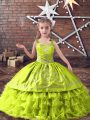 Yellow Green Satin and Organza Lace Up Little Girls Pageant Dress Sleeveless Floor Length Embroidery and Ruffled Layers