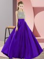 Cute Purple Elastic Woven Satin Backless Scoop Sleeveless Floor Length Celebrity Dress Beading