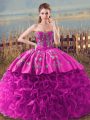Fabric With Rolling Flowers Sleeveless Quinceanera Gown Brush Train and Embroidery and Ruffles