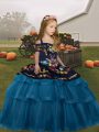 Teal Ball Gowns Embroidery and Ruffled Layers Little Girls Pageant Gowns Lace Up Tulle Sleeveless Floor Length