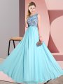 Trendy Aqua Blue Sleeveless Floor Length Beading and Appliques Backless Wedding Guest Dresses