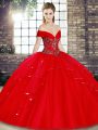 Nice Red Ball Gowns Beading and Ruffles Quinceanera Dresses Lace Up Tulle Sleeveless Floor Length