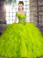 High End Olive Green Ball Gowns Tulle Off The Shoulder Sleeveless Beading and Ruffles Floor Length Lace Up Sweet 16 Dress