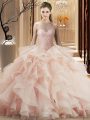 Organza Halter Top Sleeveless Brush Train Lace Up Beading and Ruffles Ball Gown Prom Dress in Pink