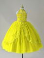Great Yellow Ball Gowns Tulle High-neck Sleeveless Beading and Appliques Floor Length Lace Up Child Pageant Dress