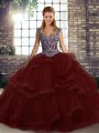 Beading and Ruffles Sweet 16 Dresses Burgundy Lace Up Sleeveless Floor Length