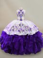Pretty Floor Length Lace Up Vestidos de Quinceanera White And Purple for Sweet 16 and Quinceanera with Embroidery and Ruffles