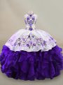 Pretty Floor Length Lace Up Vestidos de Quinceanera White And Purple for Sweet 16 and Quinceanera with Embroidery and Ruffles