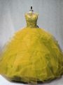 Olive Green Quinceanera Dress Tulle Court Train Sleeveless Beading and Ruffles