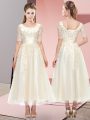 Dramatic Tea Length Champagne Bridesmaid Gown Scoop Short Sleeves Lace Up