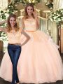 Excellent Scoop Sleeveless Sweet 16 Dress Floor Length Lace Peach Organza