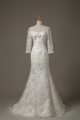 V-neck 3 4 Length Sleeve Brush Train Lace Up Wedding Dress White Lace