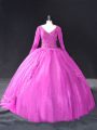 Fuchsia Long Sleeves Tulle Lace Up Quinceanera Dresses for Sweet 16 and Quinceanera