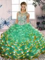 Custom Fit Turquoise Organza Lace Up Sweet 16 Dresses Sleeveless Floor Length Beading and Ruffles