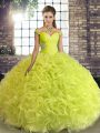 Charming Yellow Green Ball Gowns Off The Shoulder Sleeveless Fabric With Rolling Flowers Floor Length Lace Up Beading Quinceanera Dress