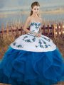 Chic Blue And White Tulle Lace Up Sweetheart Sleeveless Floor Length Quinceanera Gowns Embroidery and Ruffles and Bowknot