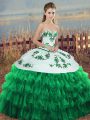 Artistic Green Sleeveless Floor Length Embroidery and Ruffled Layers and Bowknot Lace Up Quince Ball Gowns