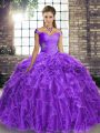 Lavender Quinceanera Gown Military Ball and Sweet 16 and Quinceanera with Beading and Ruffles Off The Shoulder Sleeveless Brush Train Lace Up