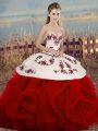 Customized Floor Length White And Red Vestidos de Quinceanera Tulle Sleeveless Embroidery and Ruffles and Bowknot