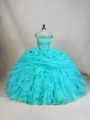 Fitting Aqua Blue Lace Up Off The Shoulder Beading and Ruffles Quinceanera Dresses Organza Sleeveless