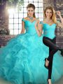 Aqua Blue Two Pieces Beading and Ruffles 15th Birthday Dress Lace Up Organza Sleeveless Floor Length