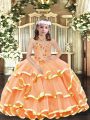 Orange Lace Up Pageant Dress Toddler Appliques and Ruffled Layers Sleeveless Floor Length