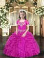Ball Gowns Little Girls Pageant Gowns Fuchsia Straps Tulle Sleeveless Floor Length Lace Up