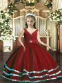 Ball Gowns Pageant Gowns For Girls Wine Red V-neck Organza Sleeveless Floor Length Backless