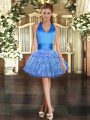 Blue Lace Up Club Wear Beading and Ruffled Layers Sleeveless Mini Length