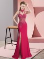 Amazing Hot Pink Halter Top Neckline Beading Prom Gown Sleeveless Backless