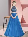 Blue Halter Top Backless Beading Prom Evening Gown Sleeveless