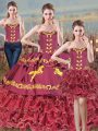 Burgundy Sweetheart Lace Up Embroidery and Ruffles Sweet 16 Dress Brush Train Sleeveless