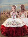 White And Red Lace Up Scoop Embroidery and Ruffles Little Girl Pageant Gowns Organza Sleeveless