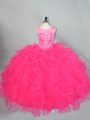 Beading and Ruffles Quinceanera Gowns Hot Pink Lace Up Sleeveless Floor Length