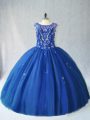 Sleeveless Tulle Floor Length Lace Up Sweet 16 Quinceanera Dress in Blue with Beading