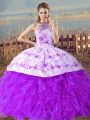 Spectacular Purple Organza Lace Up Halter Top Sleeveless Floor Length 15th Birthday Dress Court Train Embroidery and Ruffles