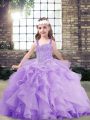 Great Sleeveless Floor Length Beading and Ruffles Lace Up Kids Pageant Dress with Lavender