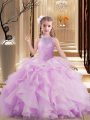 Lilac Tulle Lace Up Little Girls Pageant Dress Wholesale Sleeveless Floor Length Beading